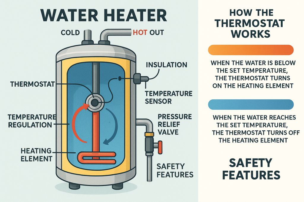 Infographic showing a cross-section of a residential water heater labeled with thermostat, heating element, temperature sensor, insulation, pipes, pressure relief valve, and safety features, plus arrows for temperature regulation and a color-coded sidebar explaining thermostat operation.