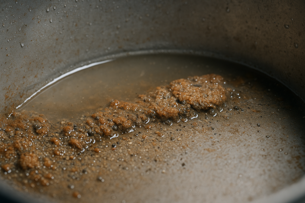 Close-up of a water tank’s inner floor showing thick, uneven sediment buildup with brown-orange minerals, rust flakes, sand grains, and cloudy water. Water droplets cling to sediment. Metal wall reveals pitting, limescale streaks, and stains, highlighting signs of poor tank maintenance.