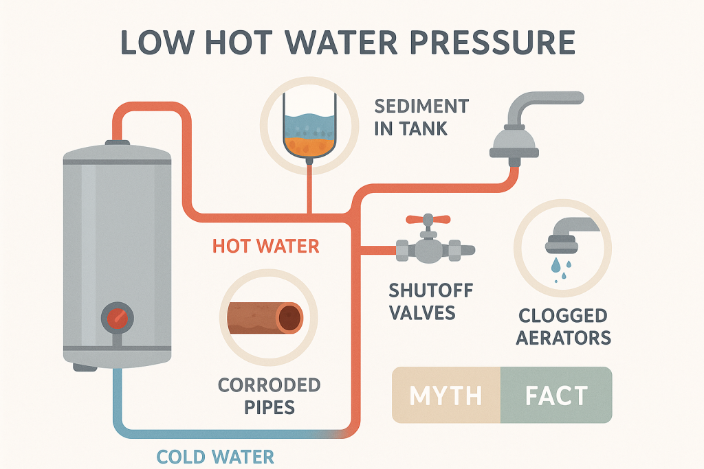 Infographic of a home hot water system showing labeled diagrams of low hot water pressure causes: sediment in tank, shutoff valves, corroded pipes, and clogged aerators.