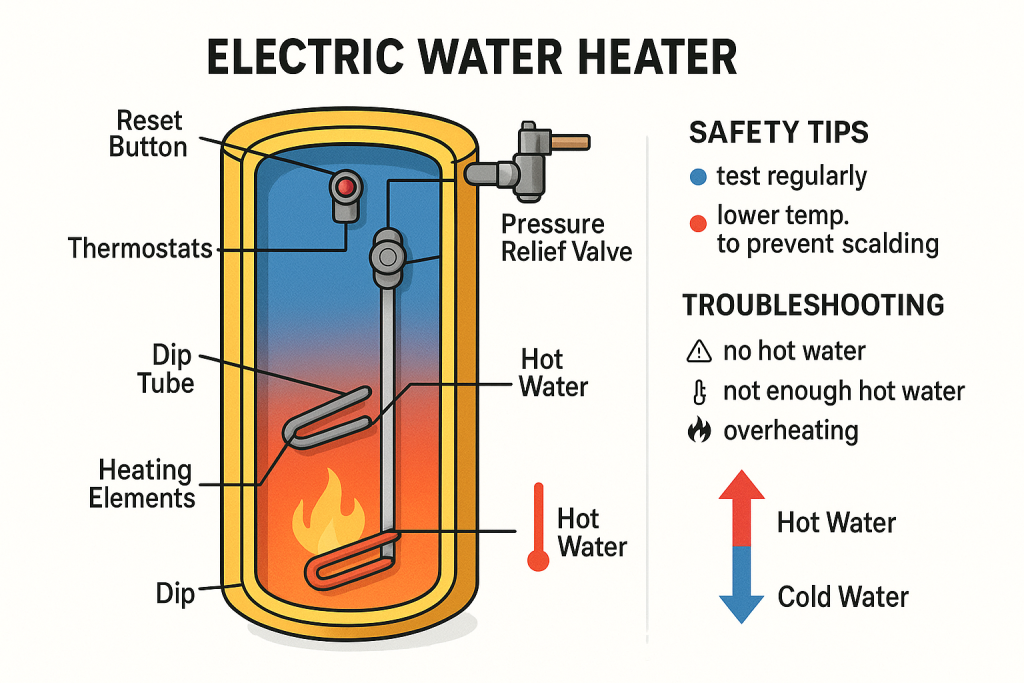 Educational infographic displays a cross-section of an electric water heater, highlighting the reset button, heating elements, thermostats, dip tube, and pressure relief valve, plus color-coded safety tips and troubleshooting steps for effective water heating and safety, all on a clear white background.