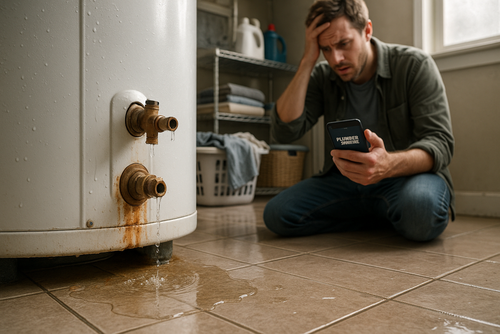 Distressed homeowner kneeling beside a leaking modern water heater in a laundry room, water pooling on tiled floor. Smartphone in hand calls plumber. Visible corrosion, condensation, and water stains highlight the urgency and disruption caused by water heater failure.