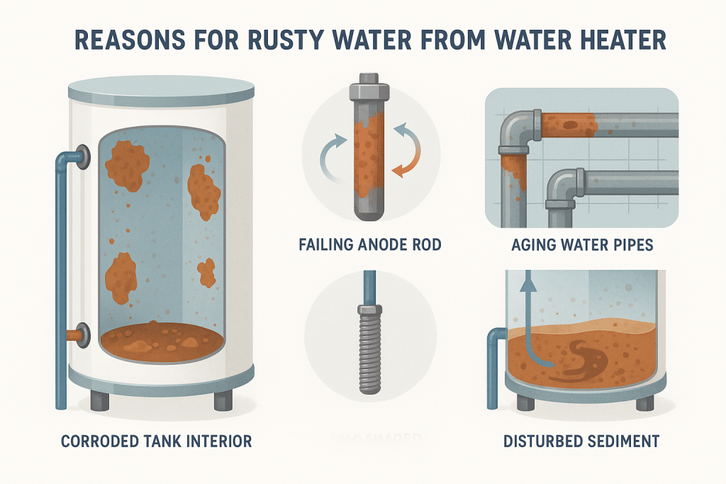 Infographic showing four labeled sections: corroded water heater tank interior, failing anode rod with corrosion, aging rusted water pipes, and disturbed rusty sediment at the tank bottom. Uses flat vector illustrations on white background with arrows and concise titles for each cause of rusty water.