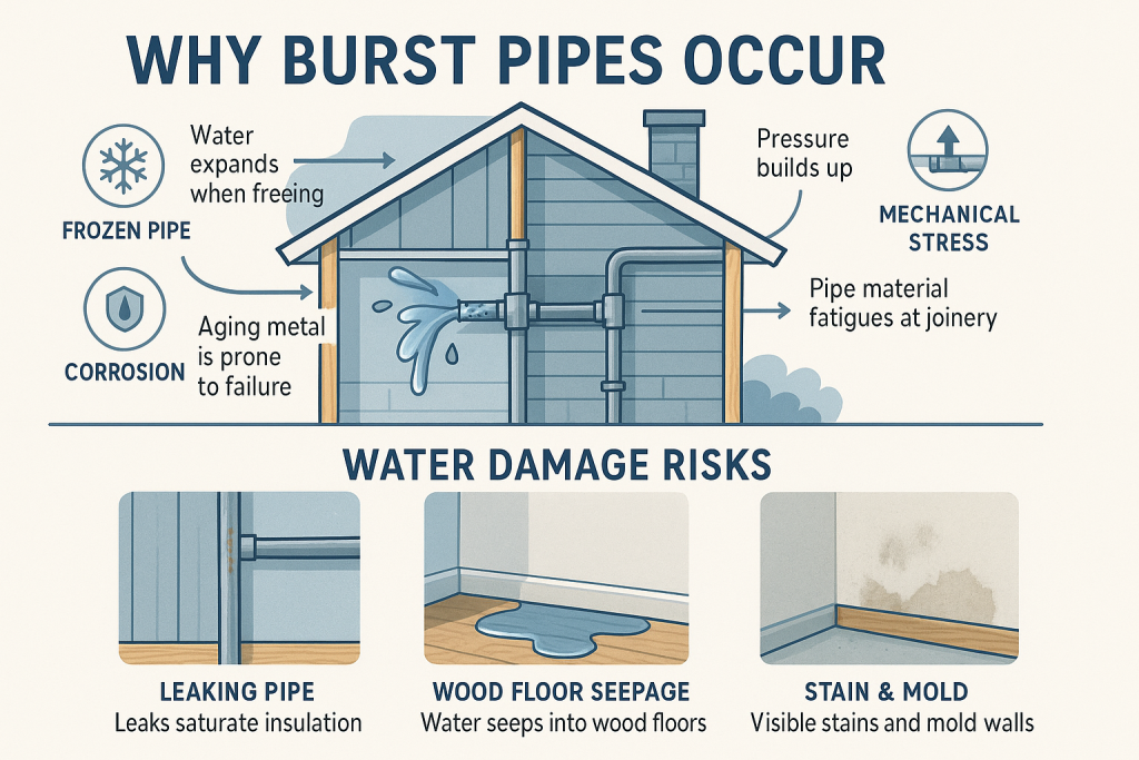 Educational infographic showing a house cutaway with exposed pipes, highlighting burst pipe causes like freezing, corrosion, and stress, plus water damage progression including leaks, mold, and floor stains. Clear icons, arrows, and readable text explain key vulnerabilities and risks in residential plumbing systems.