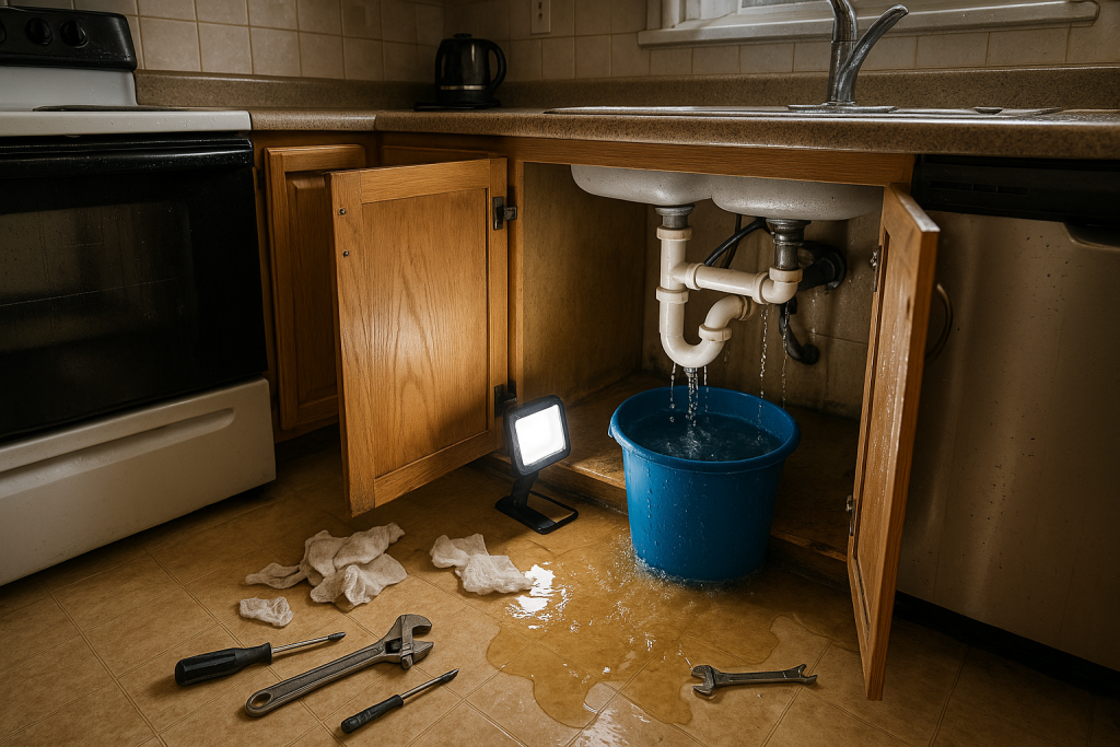 Chaotic suburban kitchen scene showing water leaking from a cracked PVC pipe under an open sink, pooling onto warped linoleum and swelling cabinet wood. Scattered tools, overflowing bucket, and water stains highlight urgent plumbing trouble, captured with dramatic lighting and vivid household details.
