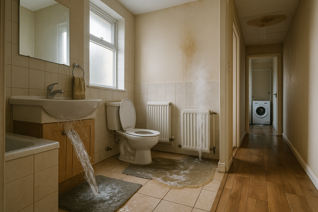 Burst pipe under sink spraying water, overflowing toilet with bubbles, leaking radiator valve emitting steam, sagging stained ceiling panel, and washing machine leak pooling water, all in a typical bathroom and hallway, vividly illustrating simultaneous severe plumbing emergencies, illuminated by natural daylight, with visible realistic surface imperfections.