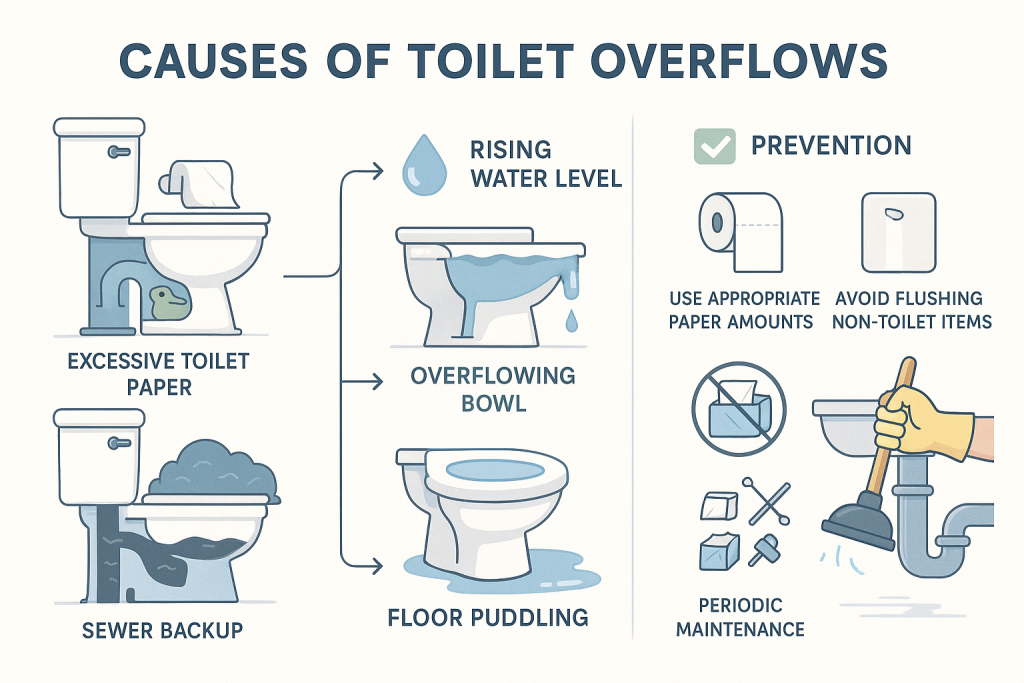 Educational infographic showing causes of toilet overflows, like excess paper, foreign objects, and sewer backups with visual tips for preventing clogs, including moderation, not flushing non-toilet items, and regular maintenance.