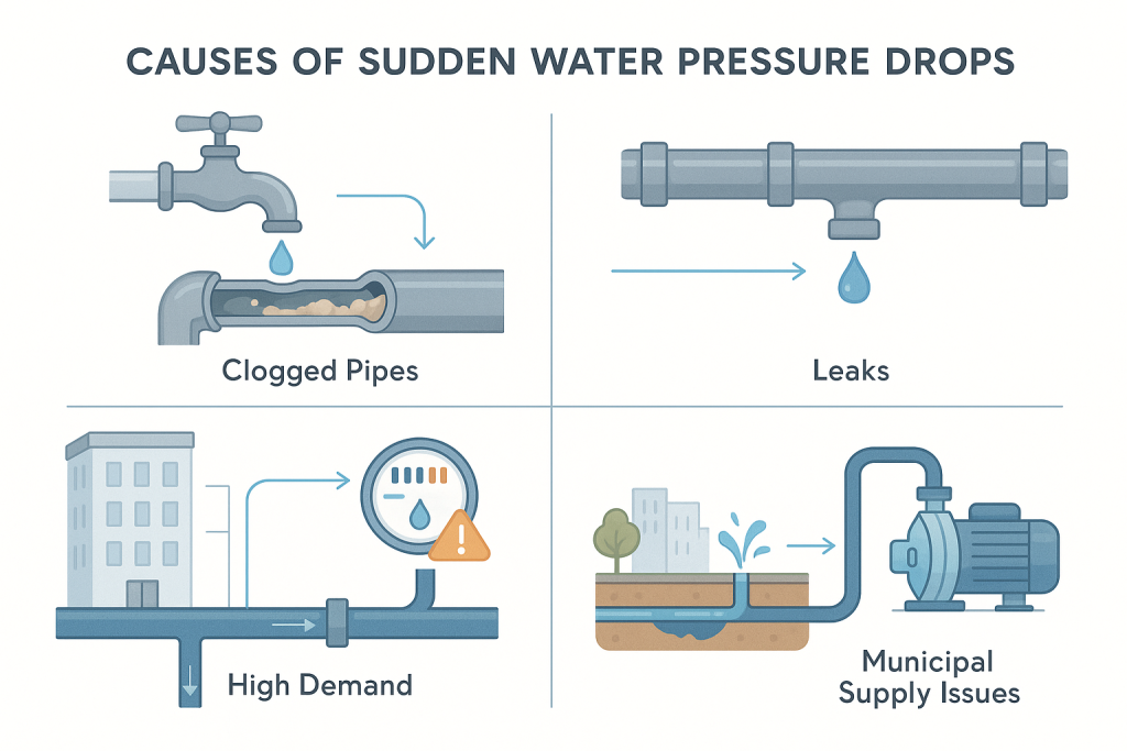 Infographic showing causes of sudden water pressure drops, with vector art of plumbing cross-sections, clogged and leaking pipes, a failing pump, warning meter, burst street pipe, and labeled annotations: Clogged Pipes, Leaks, High Demand, Municipal Supply Issues.
