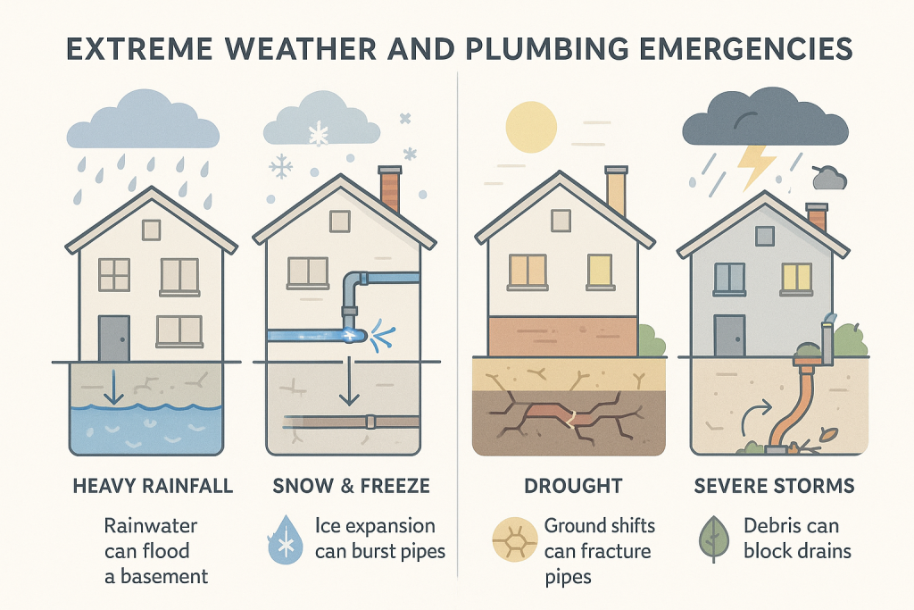 Educational infographic showing how heavy rain, snow and freeze, drought, and severe storms cause plumbing emergencies in a typical house, including flooding, pipe bursts, fractures, and blocked drains