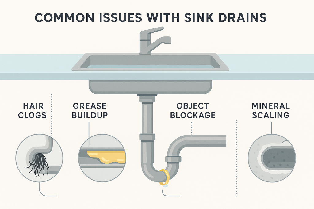 Infographic showing four common sink drain problems: hair clogs, grease buildup, foreign object blockage, and mineral scaling. Clear vector illustrations display each issue with labeled callouts connected by arrows for easy identification. Contemporary, minimal design with blue, gray, and white hues.