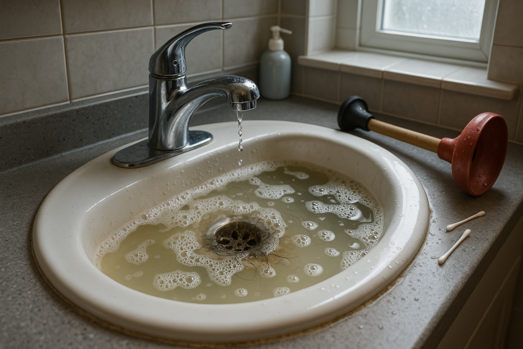A white bathroom sink with murky water, soap bubbles, hair, and scum around a blocked drain. An emergency plunger and scattered cotton swabs on the countertop highlight recent failed attempts to unclog, suggesting urgent attention is needed.