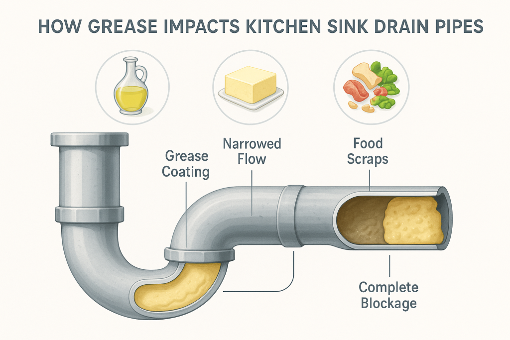 Educational infographic showing a cutaway kitchen sink drainpipe with progressive grease buildup stages, from clean to clogged. Labeled illustrations highlight grease coating, narrowed flow, and complete blockage. Inset icons connect common grease sources—cooking oil, butter, food scraps—to pipe deposits for accessible understanding.