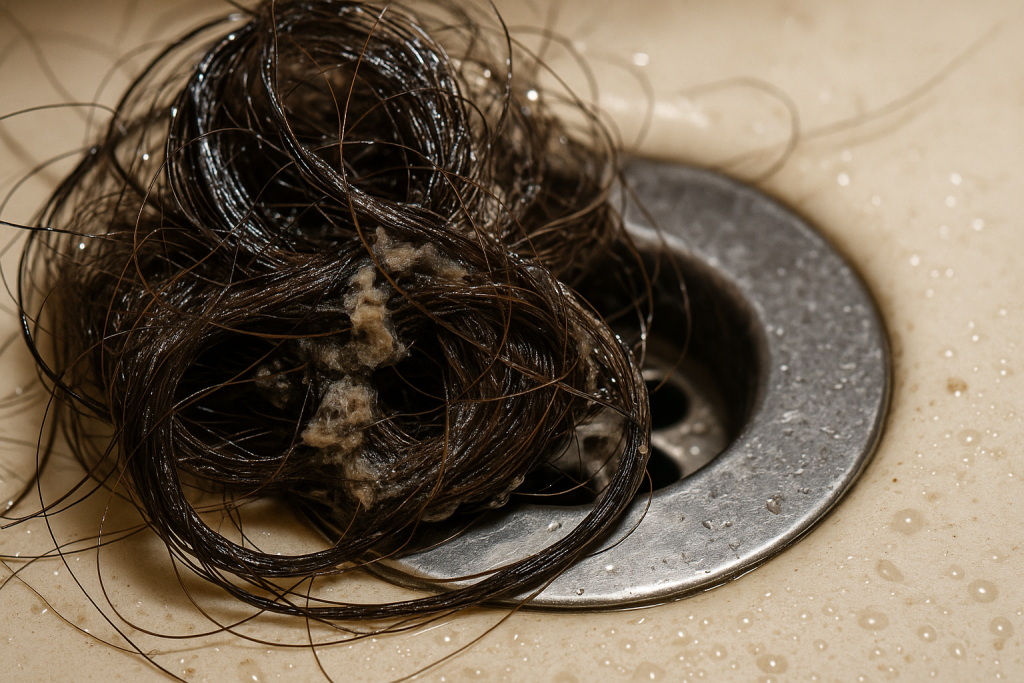 Macro photo showing tangled wet human hair, soap scum, and lint clogging a metal shower drain. Water spots, mineral buildup, and tiny debris are visible. Directional lighting highlights the greasy, stubborn mass blocking the drain, emphasizing textures and realistic detail, with the background softly blurred.