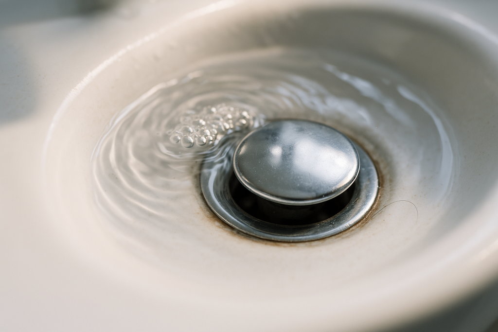 Macro photo of a modern bathroom sink drain with slow swirling water, air bubbles, limescale, and a hair strand, suggesting early warning signs of drainage issues. Chrome and porcelain details with morning light highlight neglected buildup and potential plumbing problems.