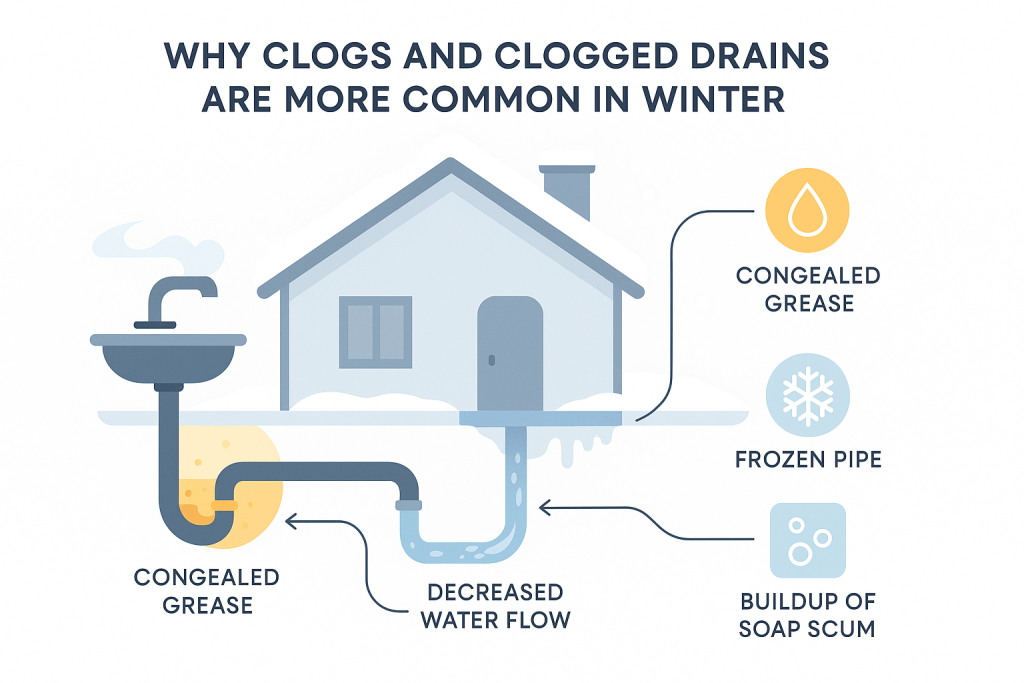 Infographic showing how winter causes clogged drains: snow-covered house with pipe cross-section highlighting grease congealing, decreased water flow, and soap scum buildup using arrows and icons for each factor. Cold colors and clear labels enhance visual understanding of winter drain issues.