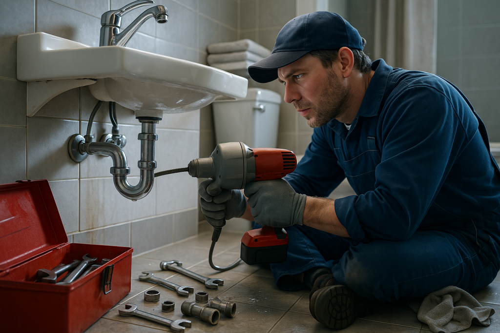 Professional plumber in blue overalls uses motorized drain auger on clogged sink in modern bathroom. Red toolbox, chrome fixtures, and scattered tools surround plumber working urgently beneath white porcelain sink, with water stains, a wet rag, and clean towels visible in the background.