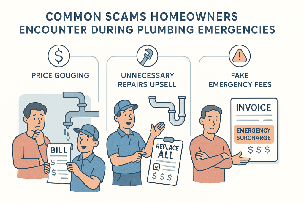 Educational infographic showing three common plumbing emergency scams: price gouging, unnecessary repair upselling, and fake emergency surcharges, each illustrated with homeowners, plumbers, exaggerated bills, and labeled icons for clarity. Calm blue, gray, and orange colors create a clear, modern, accessible design.
