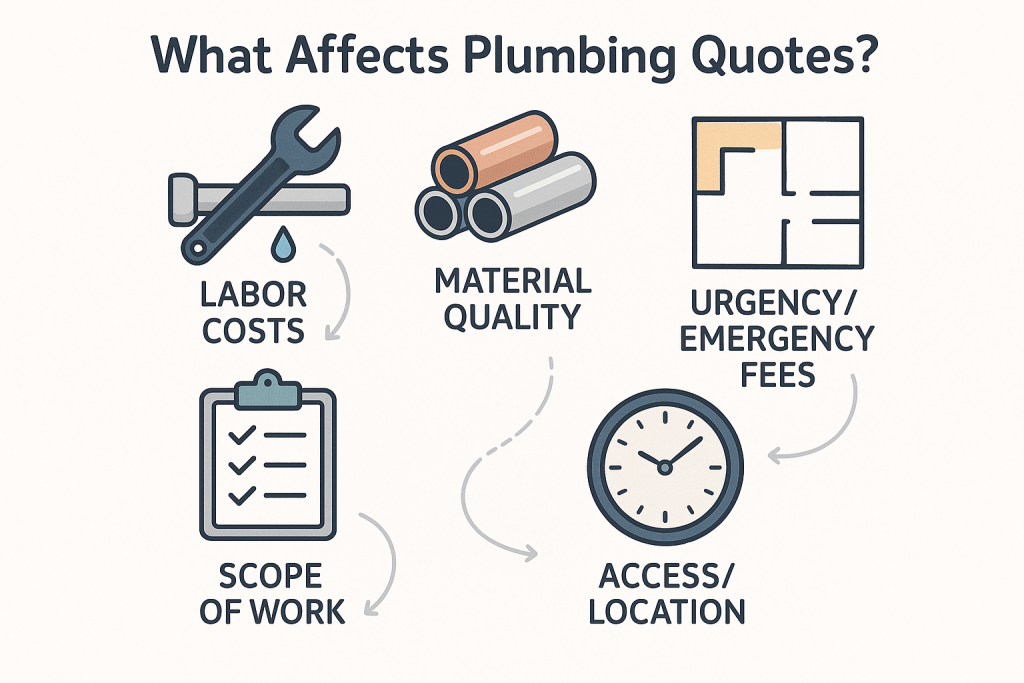 Infographic titled 'What Affects Plumbing Quotes?' shows icons and explanations for labor costs, material quality, scope of work, urgency/emergency fees, and access/location.