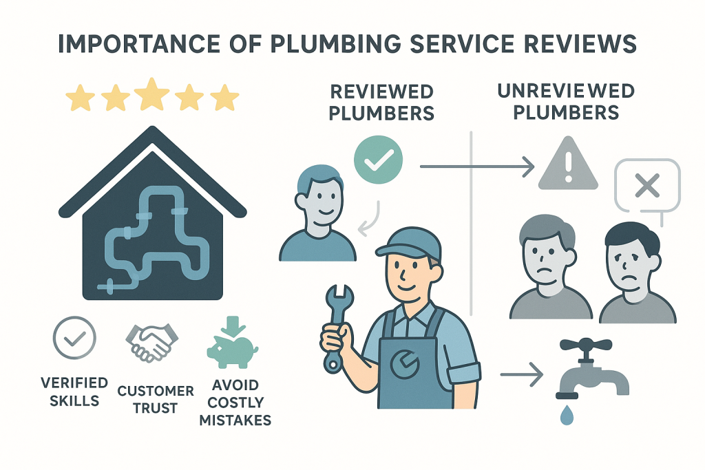 Minimalist infographic showing the value of plumbing service reviews for homeowners, featuring a house icon with water pipes, rating stars, a reviewed versus unreviewed plumbers comparison, and trust, savings, and reliability icons. Plumber and customer feedback bubbles highlight positive and negative experiences.
