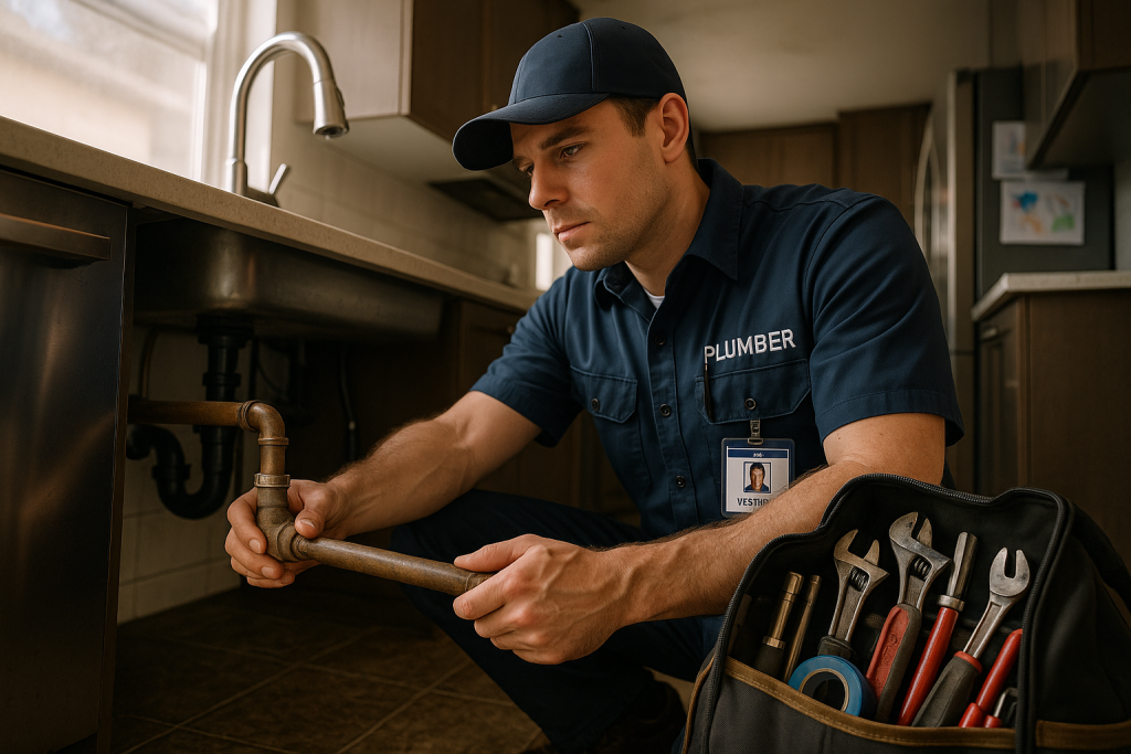 A verified plumber in a branded uniform works beneath a stainless-steel kitchen sink, official certification badge visible. Tools and realistic details, water spots, fingerprints, and homey background elements, emphasize professionalism, trust, and the importance of using certified plumbing experts in residential repairs.