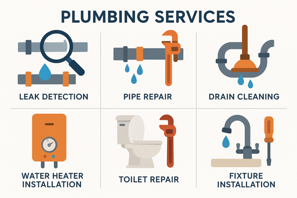 Infographic showing six plumbing services for homeowners: leak detection, pipe repair, drain cleaning, water heater installation, toilet repair, and fixture installation. Flat vector icons and labeled sections on a clean white background provide clear educational information.
