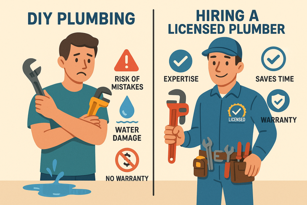 Infographic compares DIY plumbing and hiring a licensed plumber. Left side shows a person with hand tools and water damage; right side features a professional with organized tools, certification badge, and listed benefits. Icons and captions highlight risks and advantages of each option.