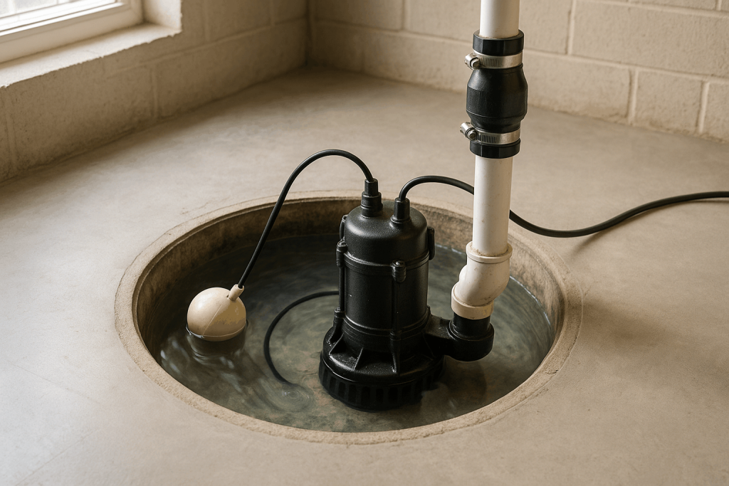 Open residential sump pit in a clean basement with rising water lifting a tethered float switch beside a running submersible pump, visible intake, discharge pipe, and inline check valve.