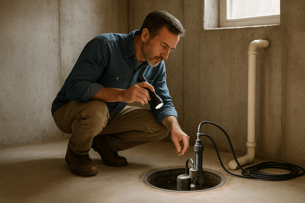 Homeowner crouches beside an open sump pit in a dry unfinished basement, using a flashlight to inspect a silent sump pump, float switch, discharge pipe, and safely coiled power cord.