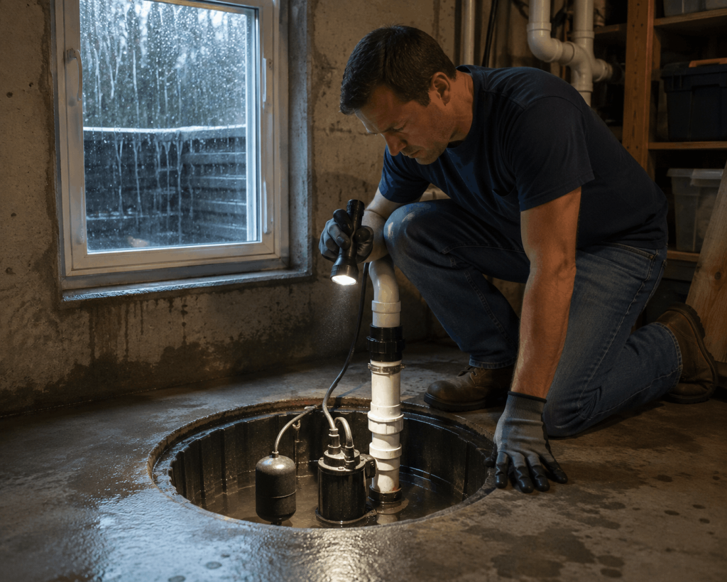 Cutaway residential basement with working sump pump and discharge pipe, alongside leaking plumbing, backed-up floor drain, window well rainwater, and runoff toward the foundation.