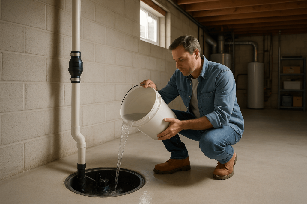 Homeowner pours water from a bucket into an open basement sump pit to test the rising float, with a clear discharge pipe and check valve visible nearby.