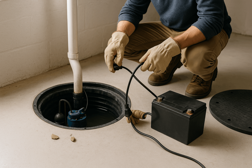 Homeowner in gloves inspects a basement sump pit with an exposed pump, free float switch, loose plug connection, debris, and battery backup terminals with light corrosion.