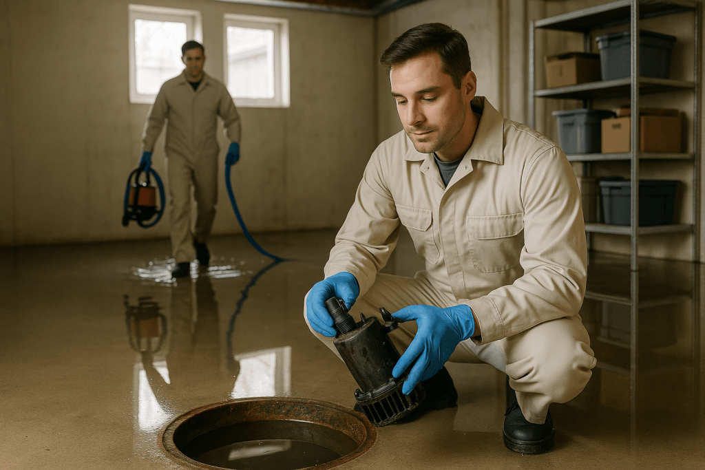 Emergency plumbing technician inspects a failed sump pump in a partially flooded basement while a second technician brings a portable pump and hose.