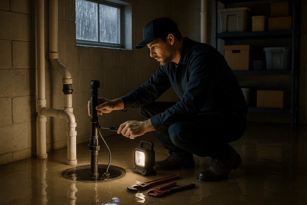 Emergency plumber servicing an open sump pump pit in a partially flooded basement during heavy rain, with tools, work light, exposed pipes and belongings stored safely on shelves.