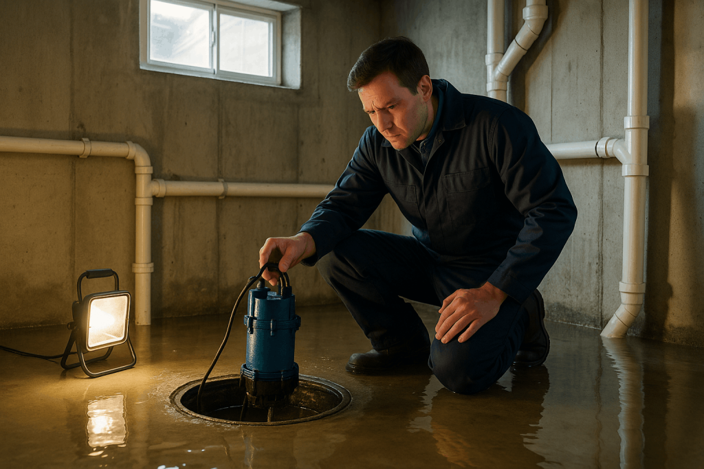 Emergency plumber kneeling beside an open sump pit in a partially flooded basement, inspecting a stalled sump pump under a portable work light.